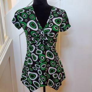 Vintage geometric print stretch gathered tied front short sleeve blouse